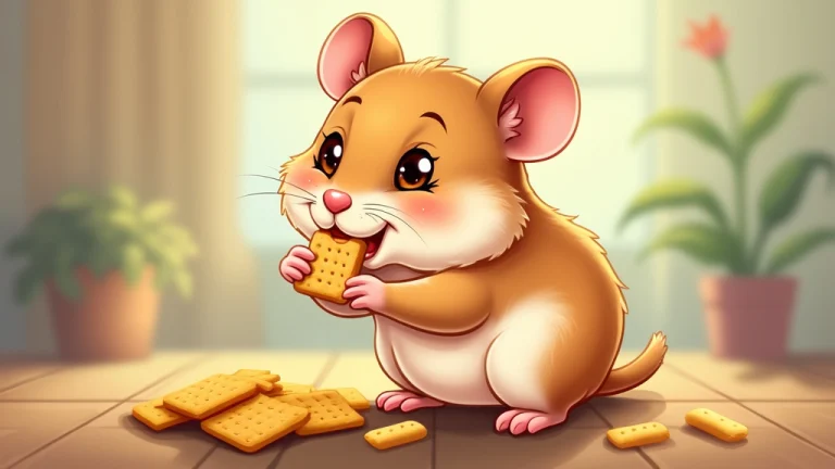 cartoon illustration of a cute hamster eating crackers