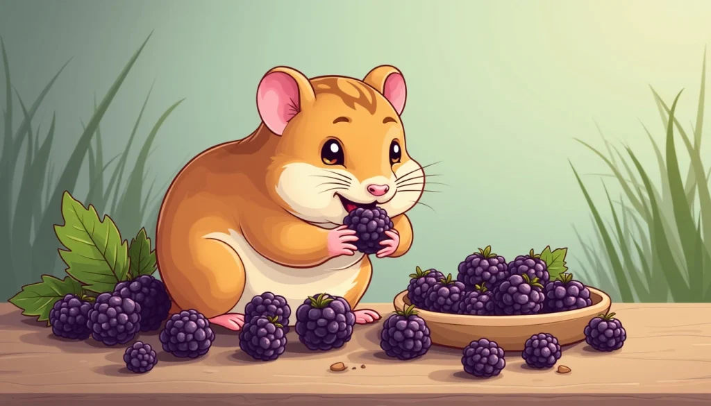 cartoon illustration of hamster eating Blackberries