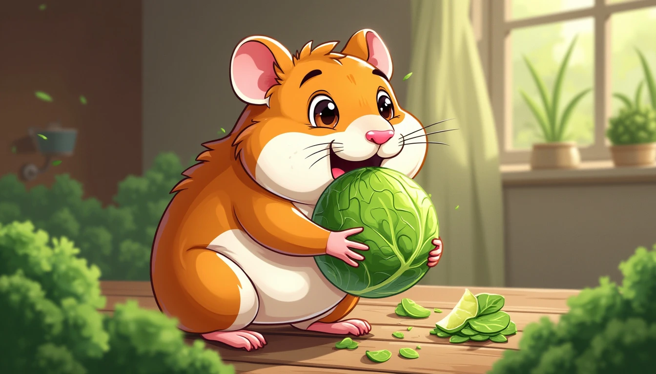 cartoon illustration of a hamster eating Cabbage