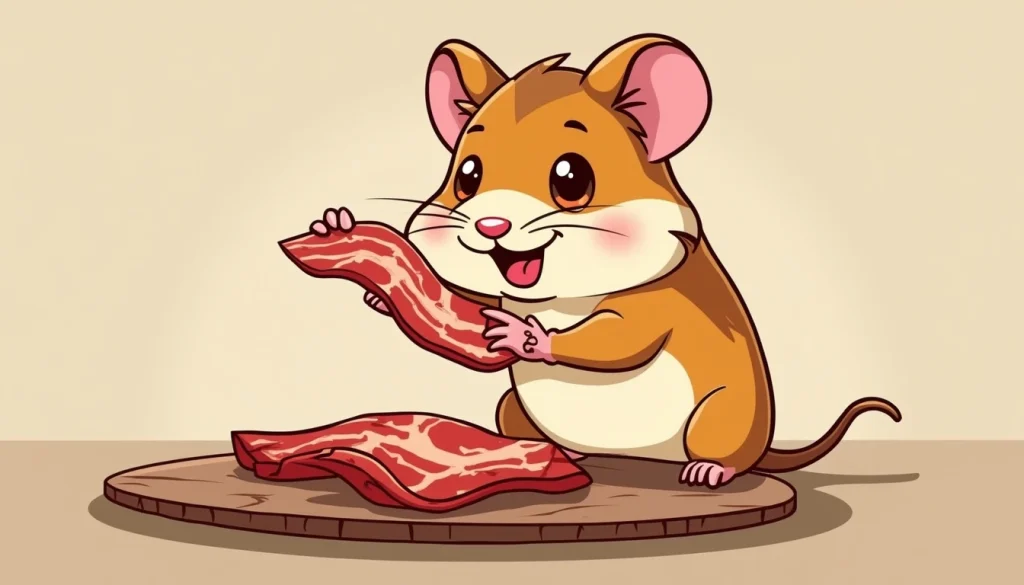 cartoon illustration of a hamster eating Bacon