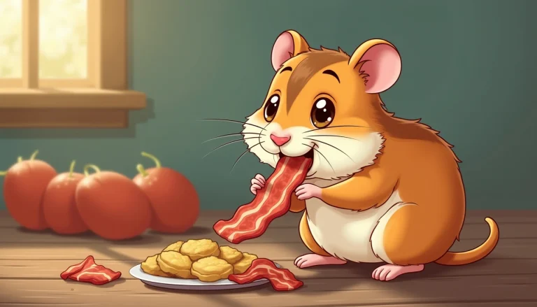 cartoon illustration of a hamster eating Bacon