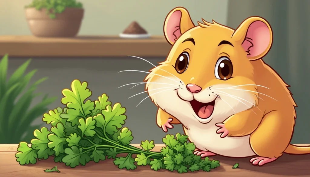 cartoon illustration of a hamster Infront of him Cilantro happy