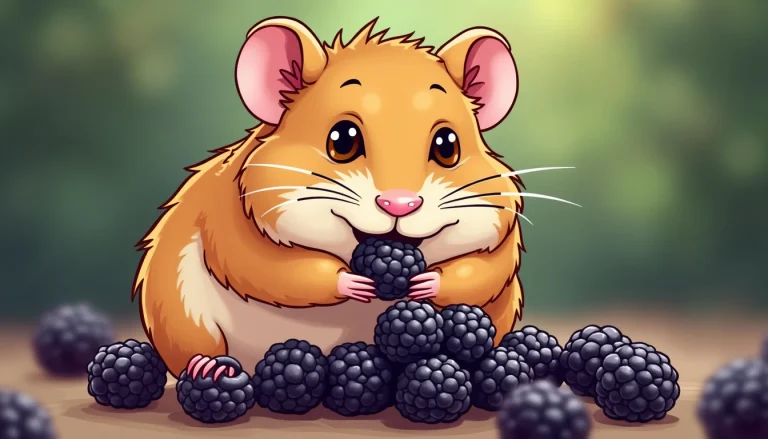 cartoon illustration of hamster eating Blackberries