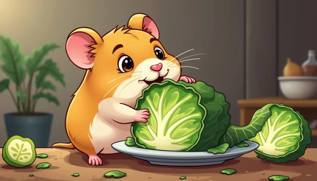 cartoon illustration of a hamster eating Cabbage