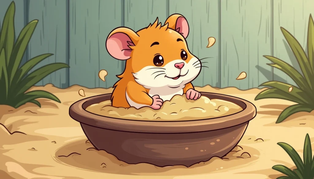 cartoon illustration of a Syrian Hamster having a Sand Bath