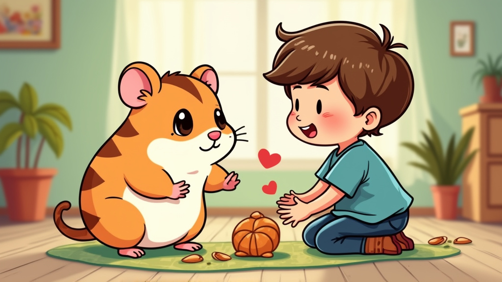 cartoon illustration of a cute hamster and a little boy playing