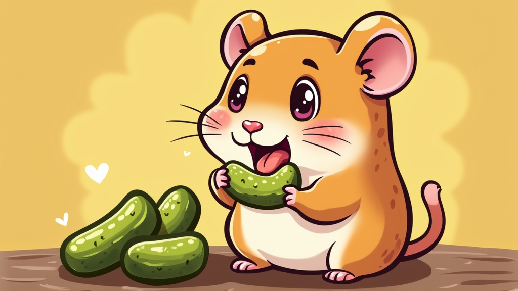 cartoon illustration of a cute hamster eating pickles