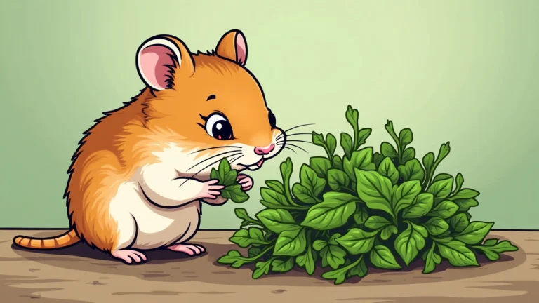 cartoon illustration of a hamster Eating Arugula