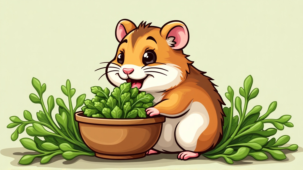 cartoon illustration of a hamster Eating Arugula