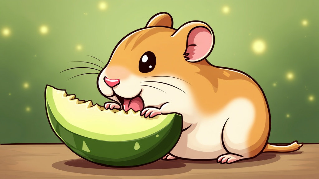 cartoon illustration of a hamster Eating Honeydew Melon