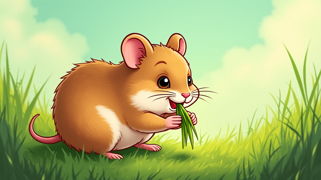 cartoon illustration of a hamster eating grass