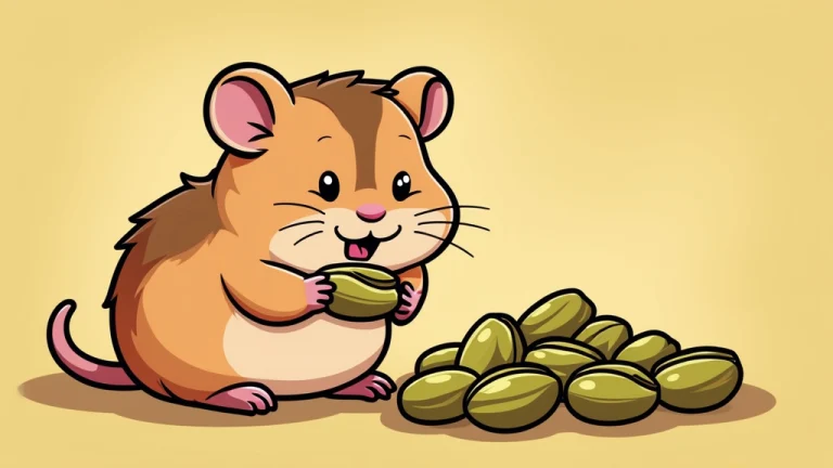 cartoon illustration of a hamster eating pistachio nuts