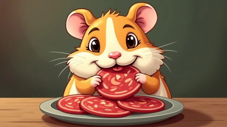 cartoon illustration of a hamster eating salami