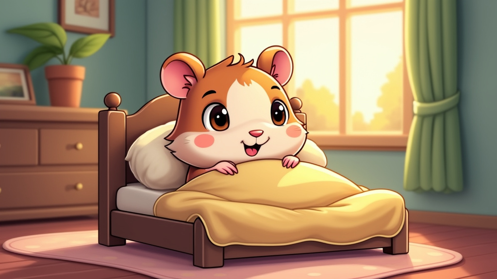 cartoon illustration of a hamster in his bed