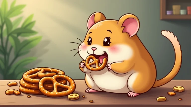 cute cartoon illustration of a hamster eating pretzels