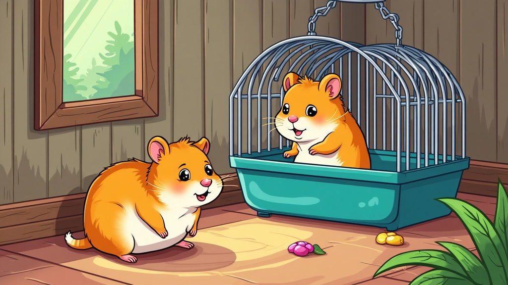 cartoon illustration of a hamster in a cage looking at his other friend hamster