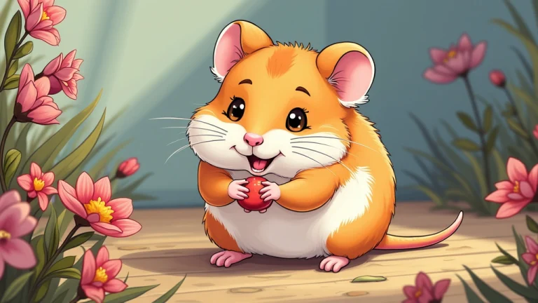 cute cartoon illustration of Syrian Hamster holding a fruit