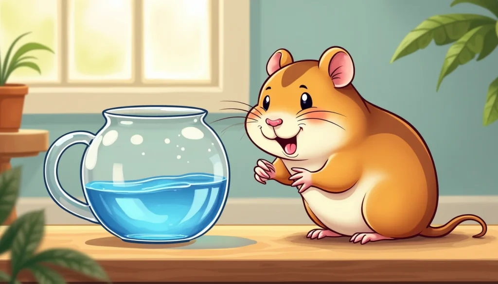 cartoon illustration of a hamster drinking water