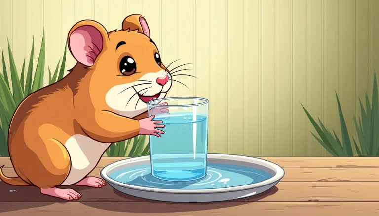 cartoon illustration of a hamster drinking water