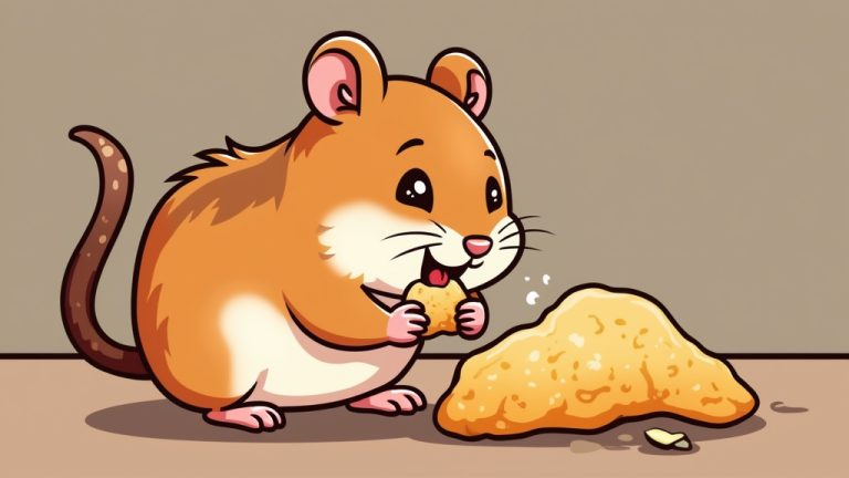 cartoon illustration of a hamster eating a chicken piece