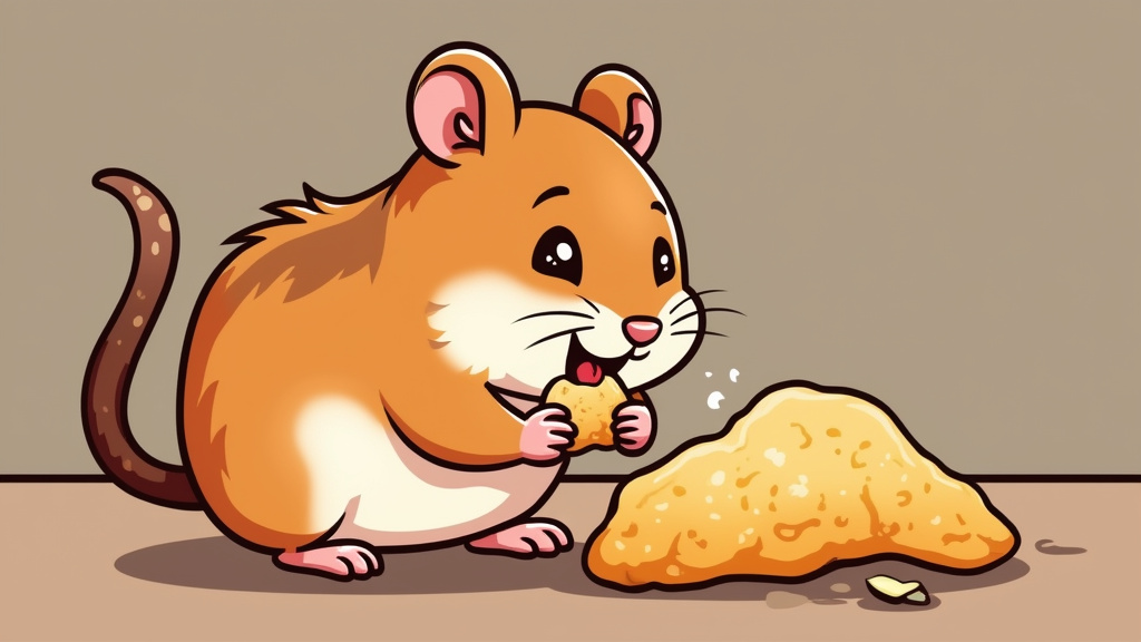 cartoon illustration of a hamster eating a chicken piece