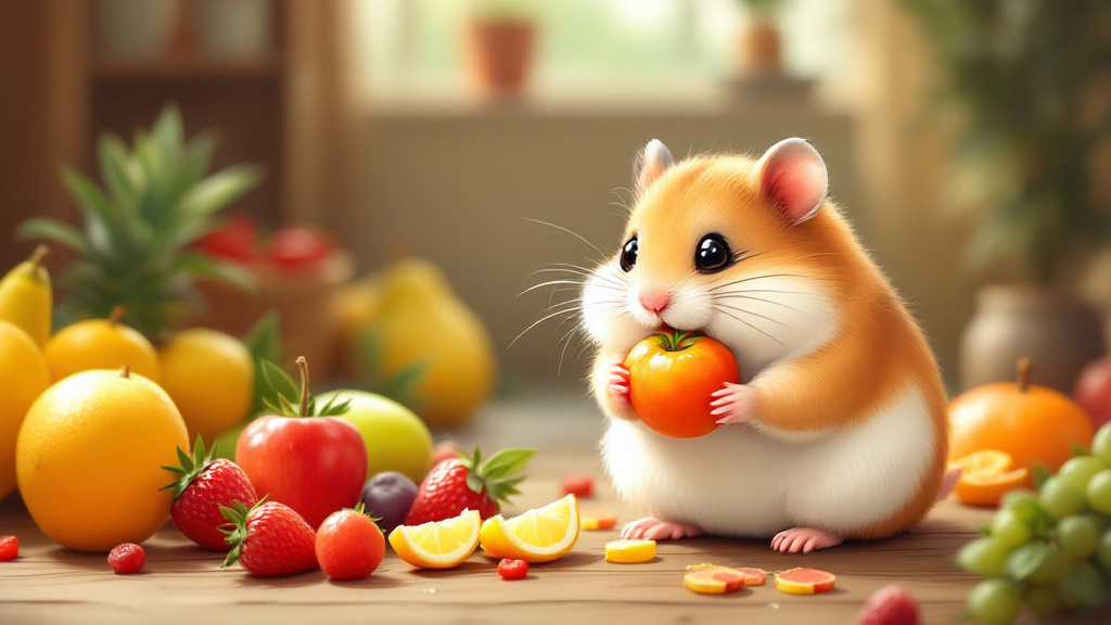 cartoon illustration of a hamster eating fruits