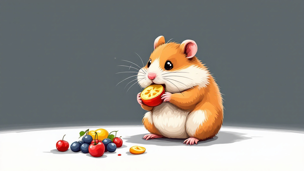 cartoon illustration of a hamster eating fruits 