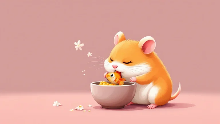 cartoon illustration of a hamster eating goldfish