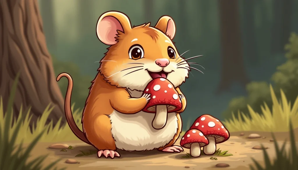 cartoon illustration of a hamster eating mushrooms