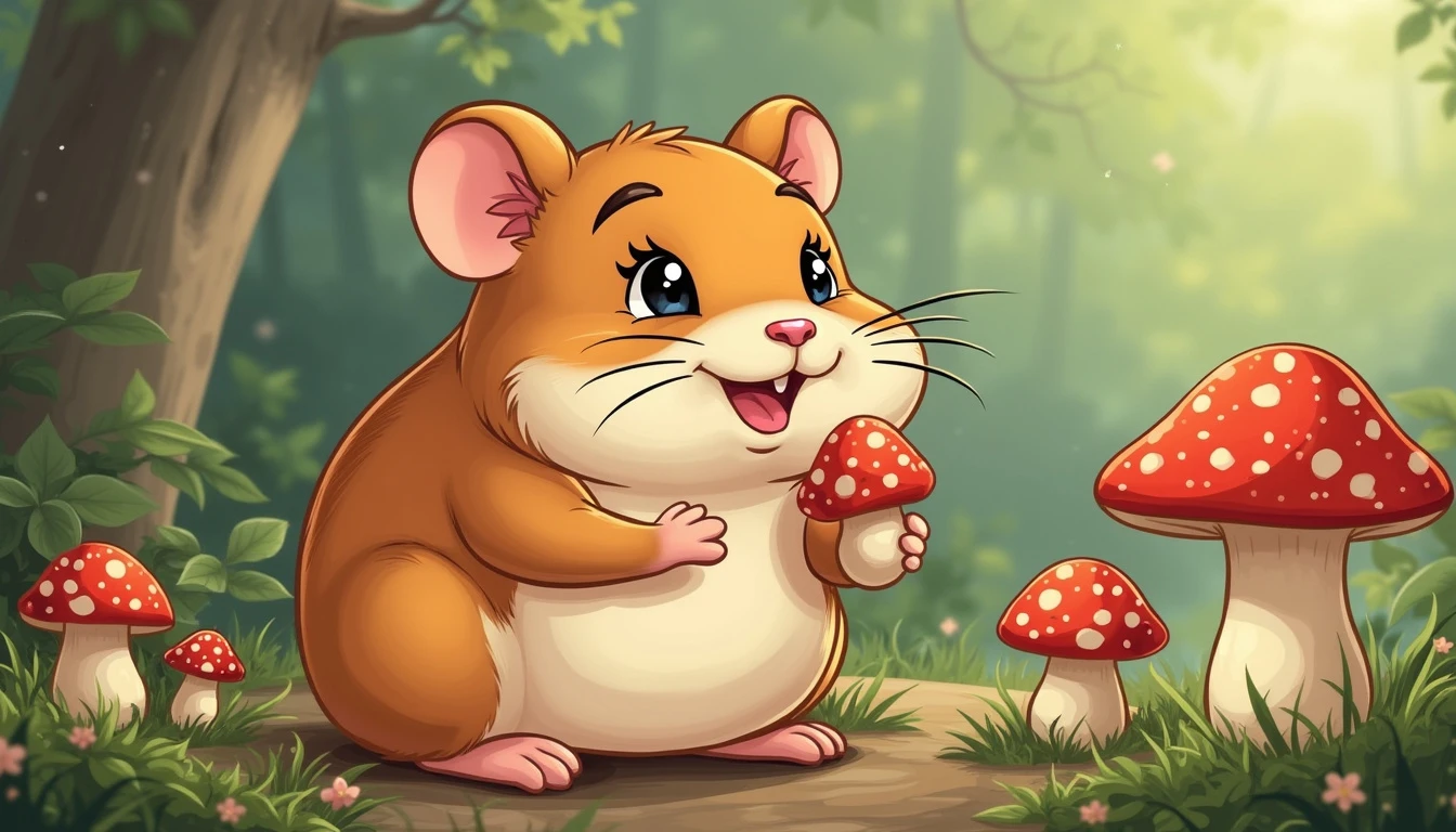 cartoon illustration of a hamster eating mushrooms