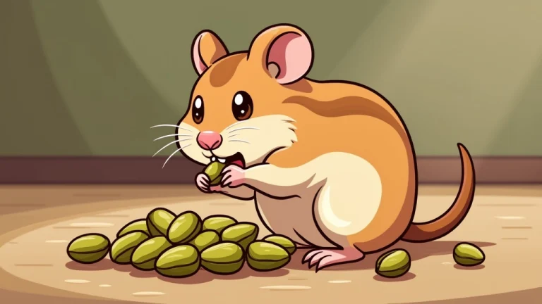 cartoon illustration of a hamster eating pistachio nuts