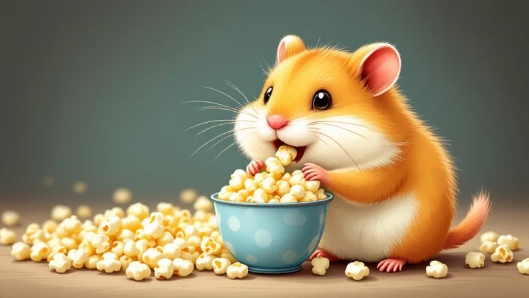 cartoon illustration of a hamster eating popcorn