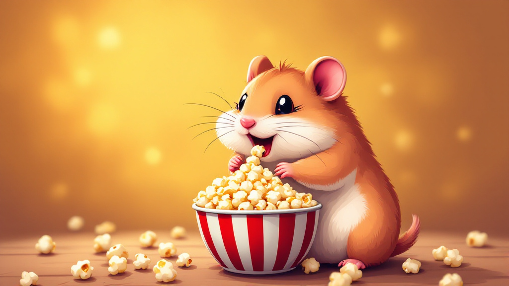 cartoon illustration of a hamster eating popcorn