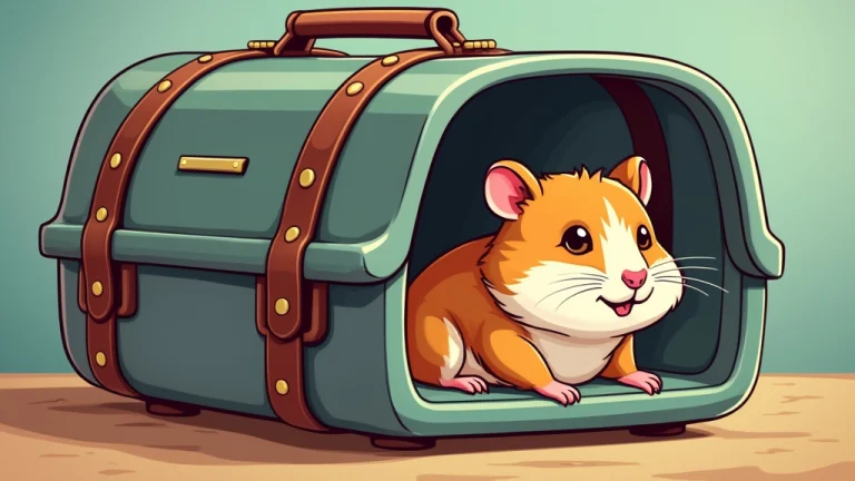 cartoon illustration of a hamster inside a travelling carrier