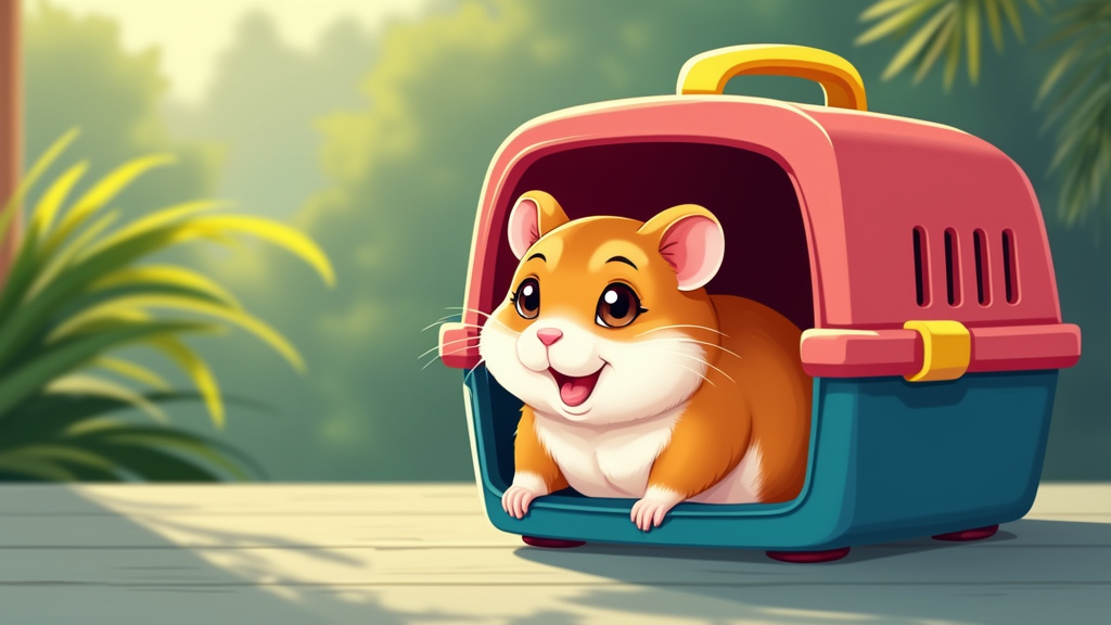 cartoon illustration of a hamster inside a travelling carrier