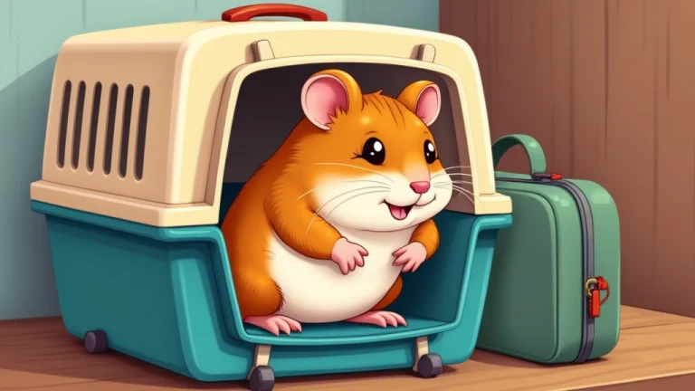 cartoon illustration of a hamster inside a travelling carrier